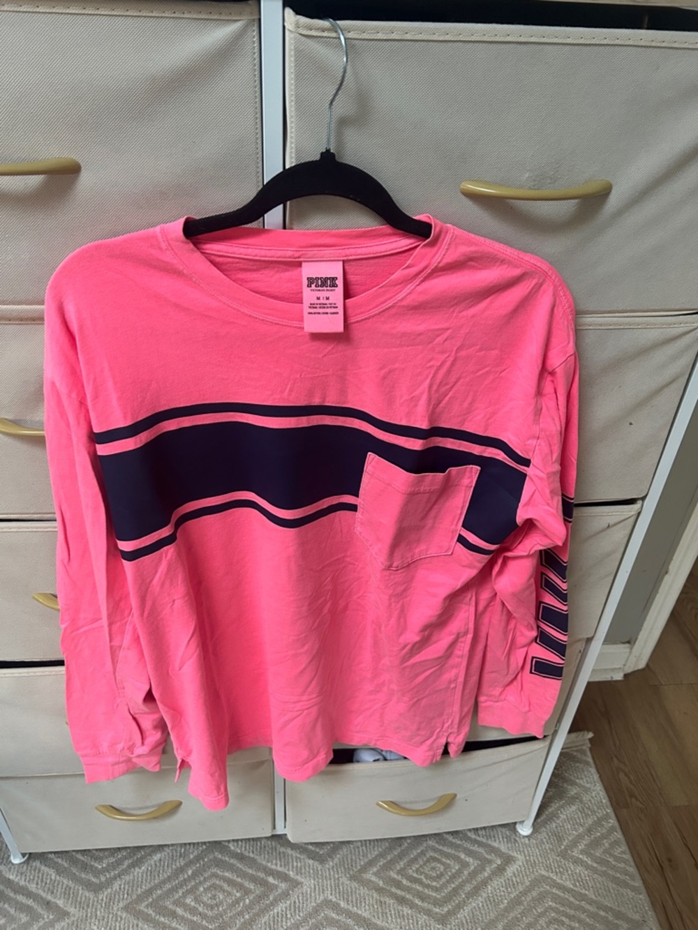 PINK Victoria's Secret Neon Pink Long Sleeve Tee with Navy Stripes